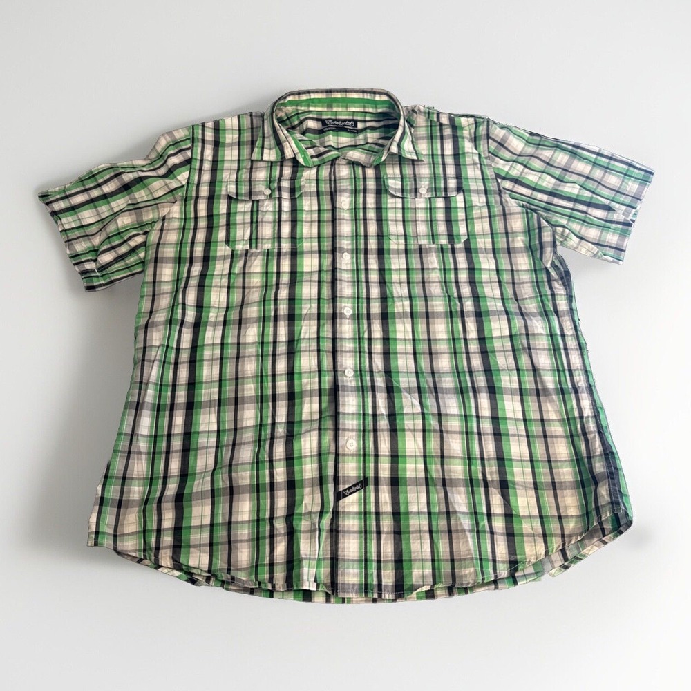 Ecko Unlimited Shirt Mens XL Green Plaid Button Up Short Sleeve Cotton